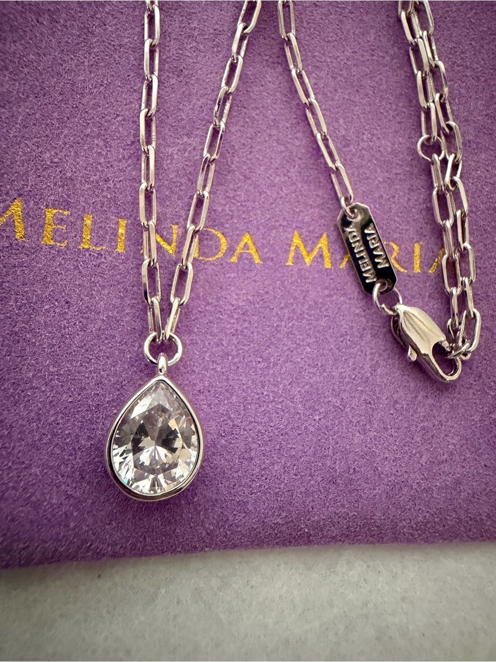 Melinda Maria Silver Teardrop Crystal Necklace